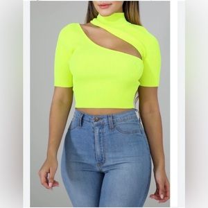 ✨⚡️💥Neon Yellow Knit Slash Crop Top